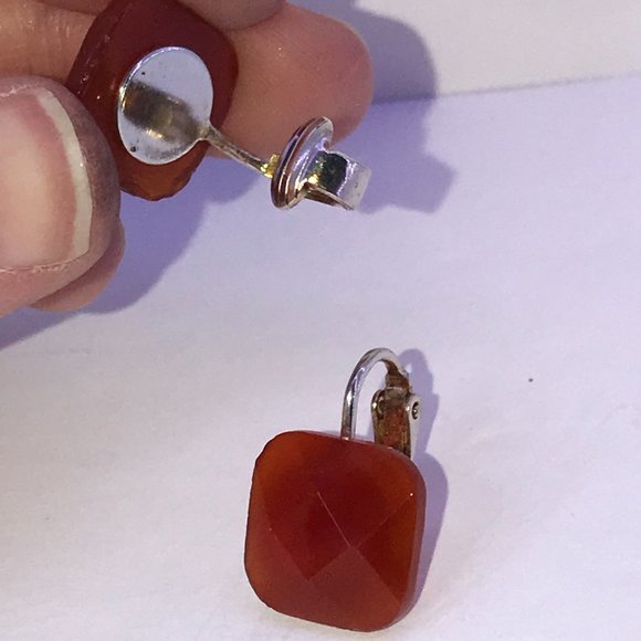 Square faceted Carnelian Clip Earrings - Picture 6 of 7